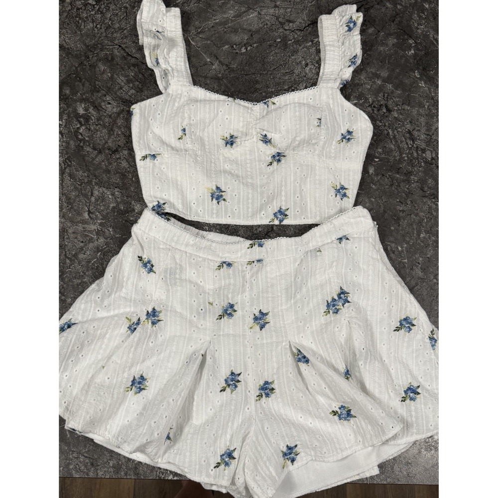 Kirious Womens Floral Eyelet Cottagecore Romantic Coquette Short Set Lined Sz XL
